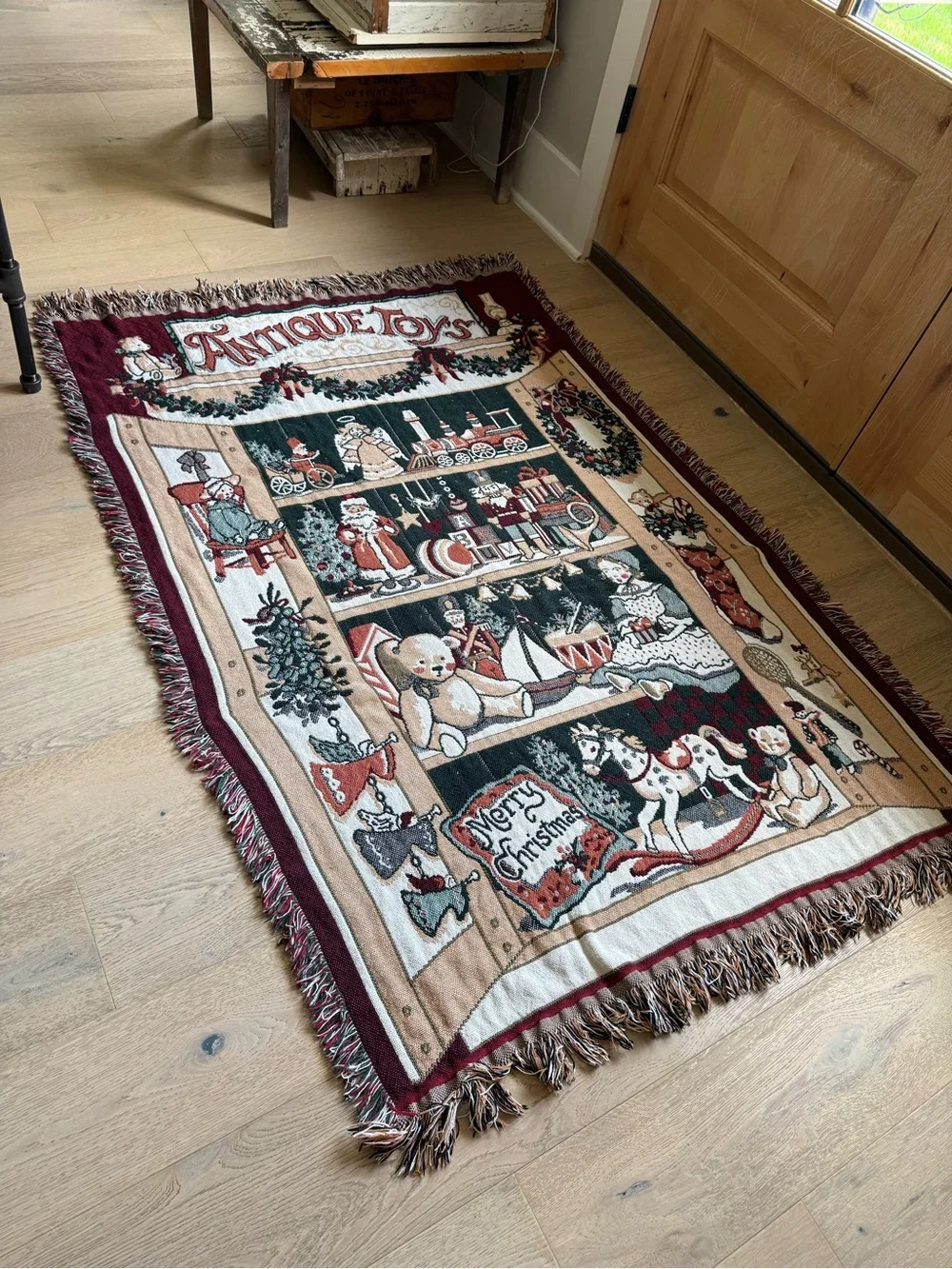 Vintage Fieldcrest Antique Holiday Throw Blanket - Burgundy, Green, Cream